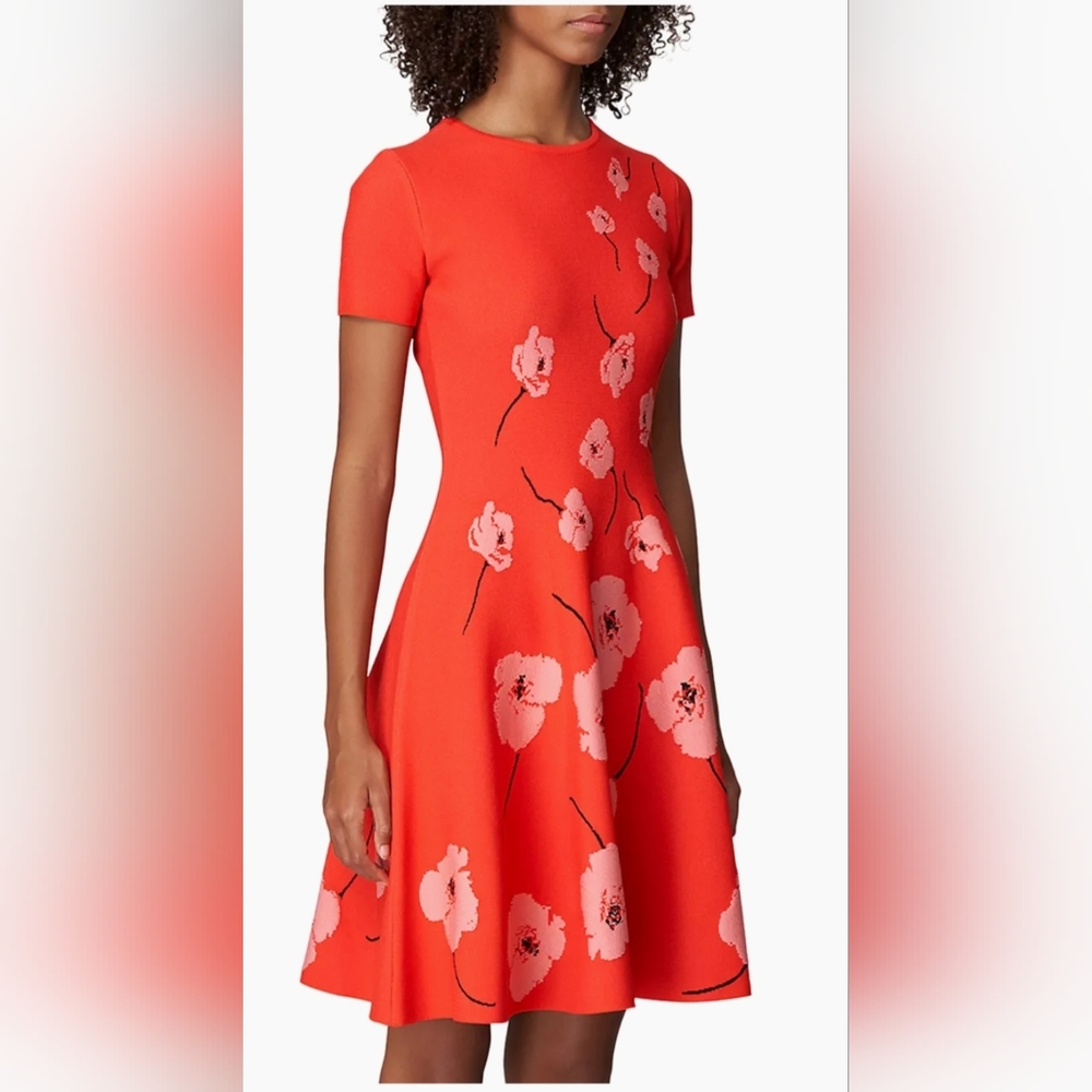 Carolina HerreraFloral Short-Sleeve Knit Fit-&-Flare Dress‎